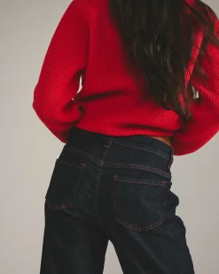Stevie High Rise Cuffed Straight Leg Jeans Americana Wash with Red Stitching