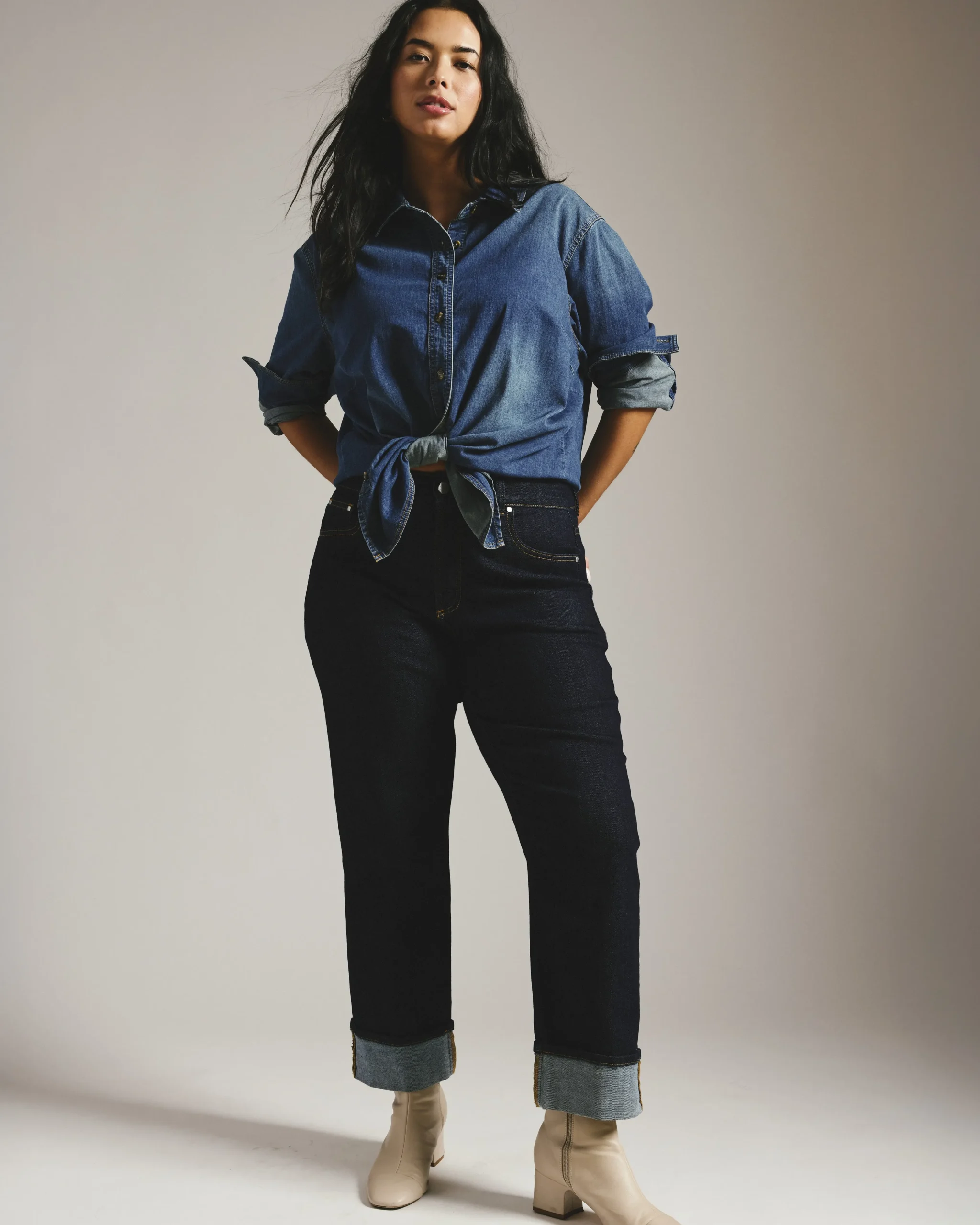 Stevie High Rise Cuffed Straight Leg Jeans Vintage Indigo Selvedge