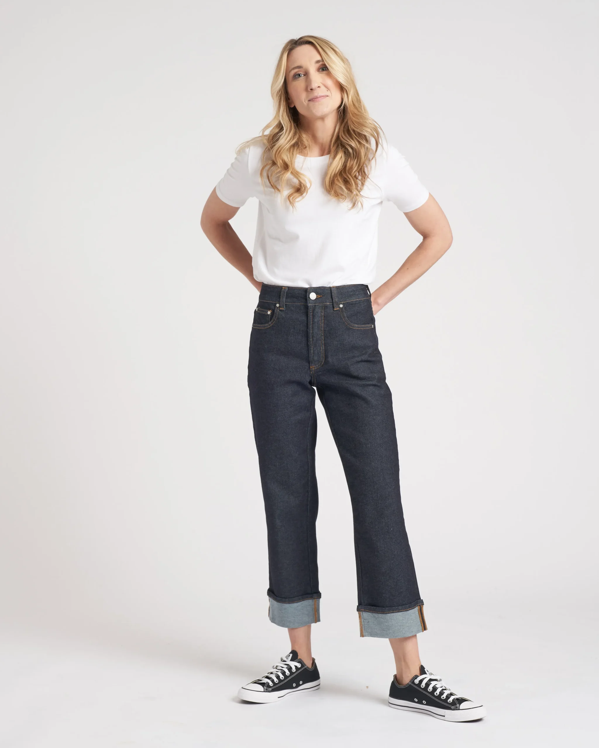 Stevie High Rise Cuffed Straight Leg Jeans Vintage Indigo Selvedge