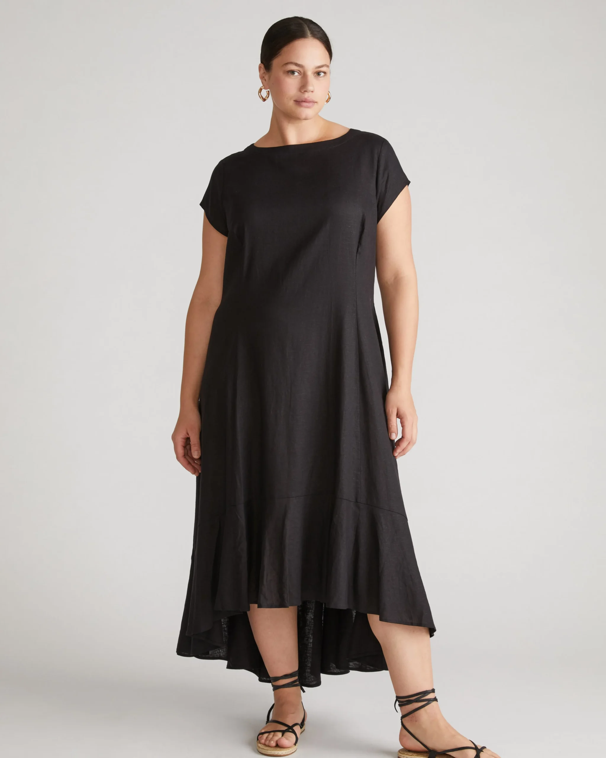 Sunset Linen Blend Flounce Dress Black