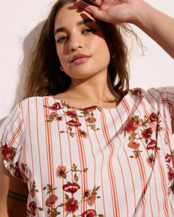 Sunset Linen Blend Flounce Dress Wild Flower Bouquet Print on Stripes