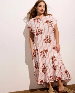 Sunset Linen Blend Flounce Dress Wild Flower Bouquet Print on Stripes
