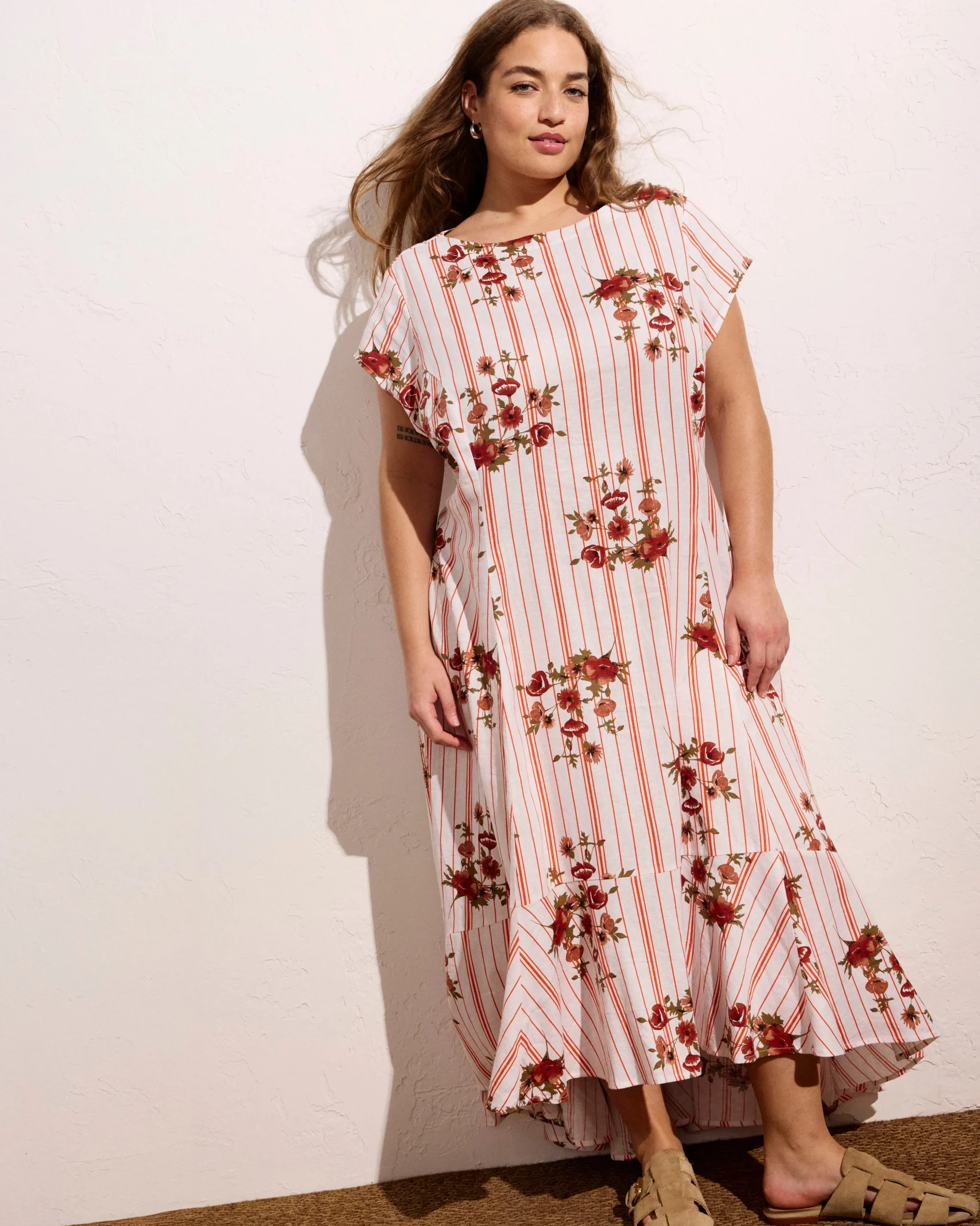 Sunset Linen Blend Flounce Dress Wild Flower Bouquet Print on Stripes