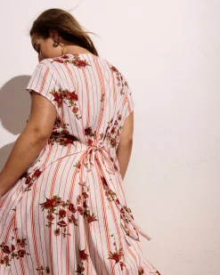 Sunset Linen Blend Flounce Dress Wild Flower Bouquet Print on Stripes