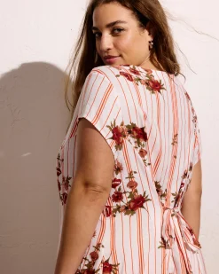 Sunset Linen Blend Flounce Dress Wild Flower Bouquet Print on Stripes