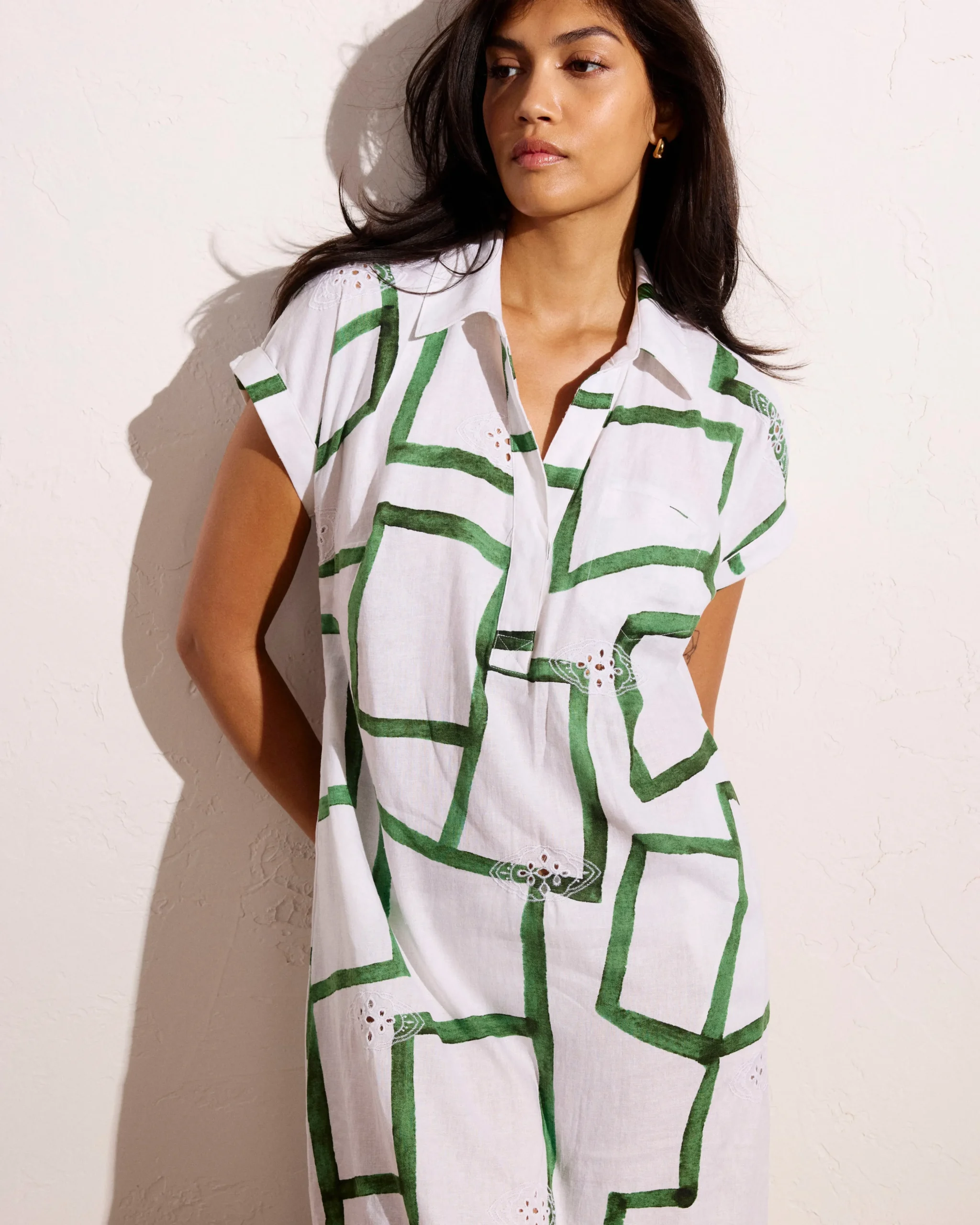 Sunshine Linen Blend Polo Dress Green Paint Print