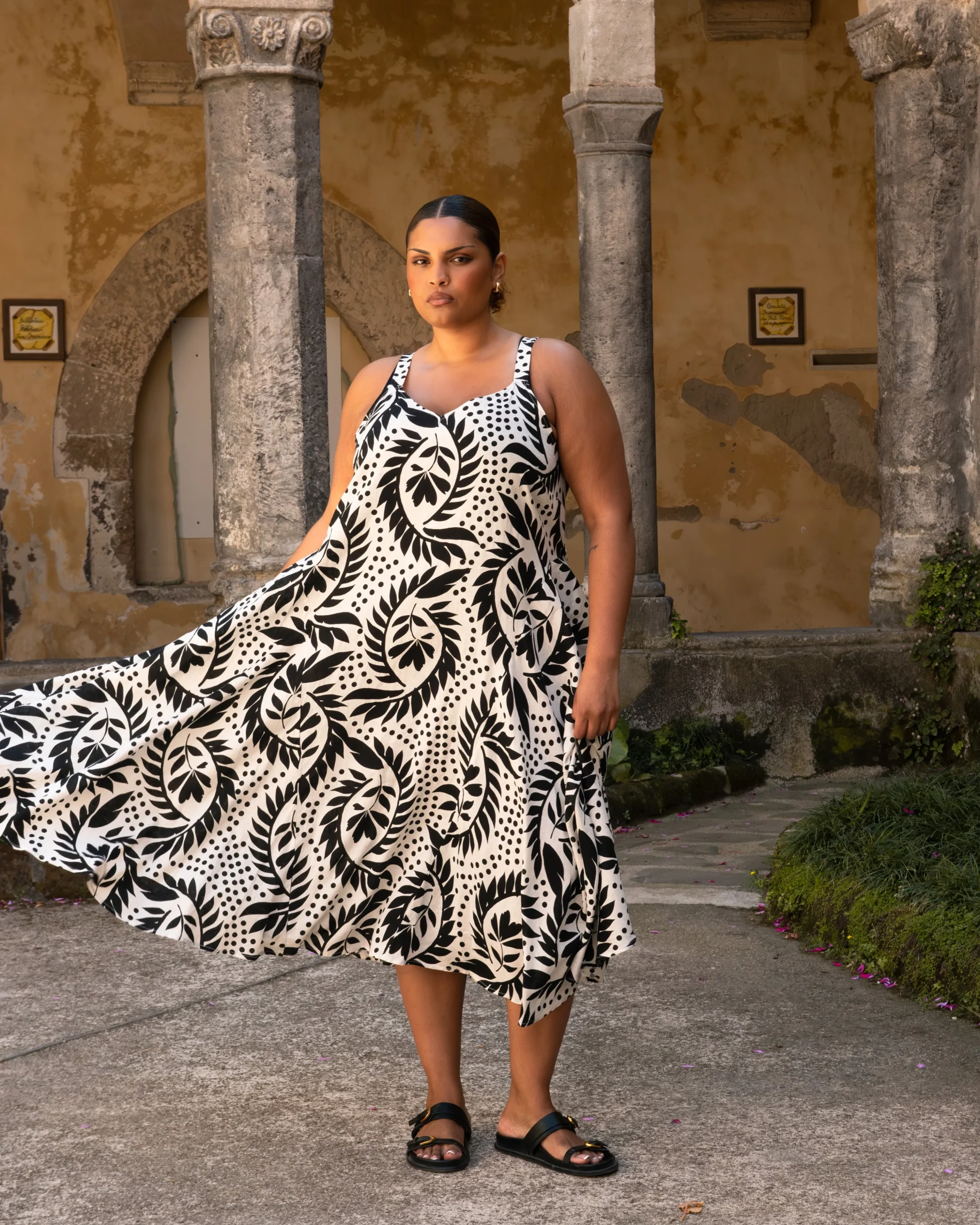 Sunshower Flowy Linen Blend Dress Vine Print