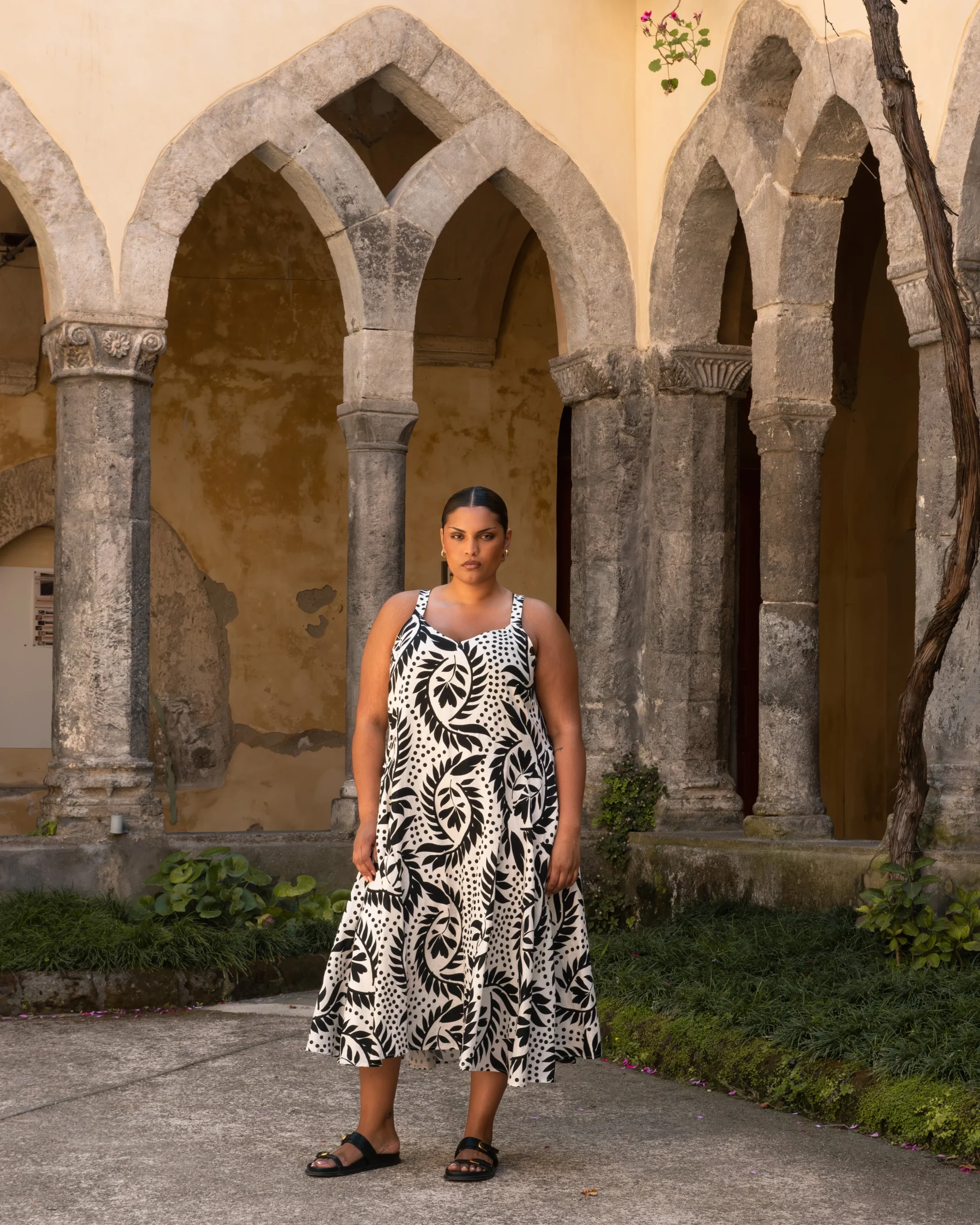 Sunshower Flowy Linen Blend Dress Vine Print