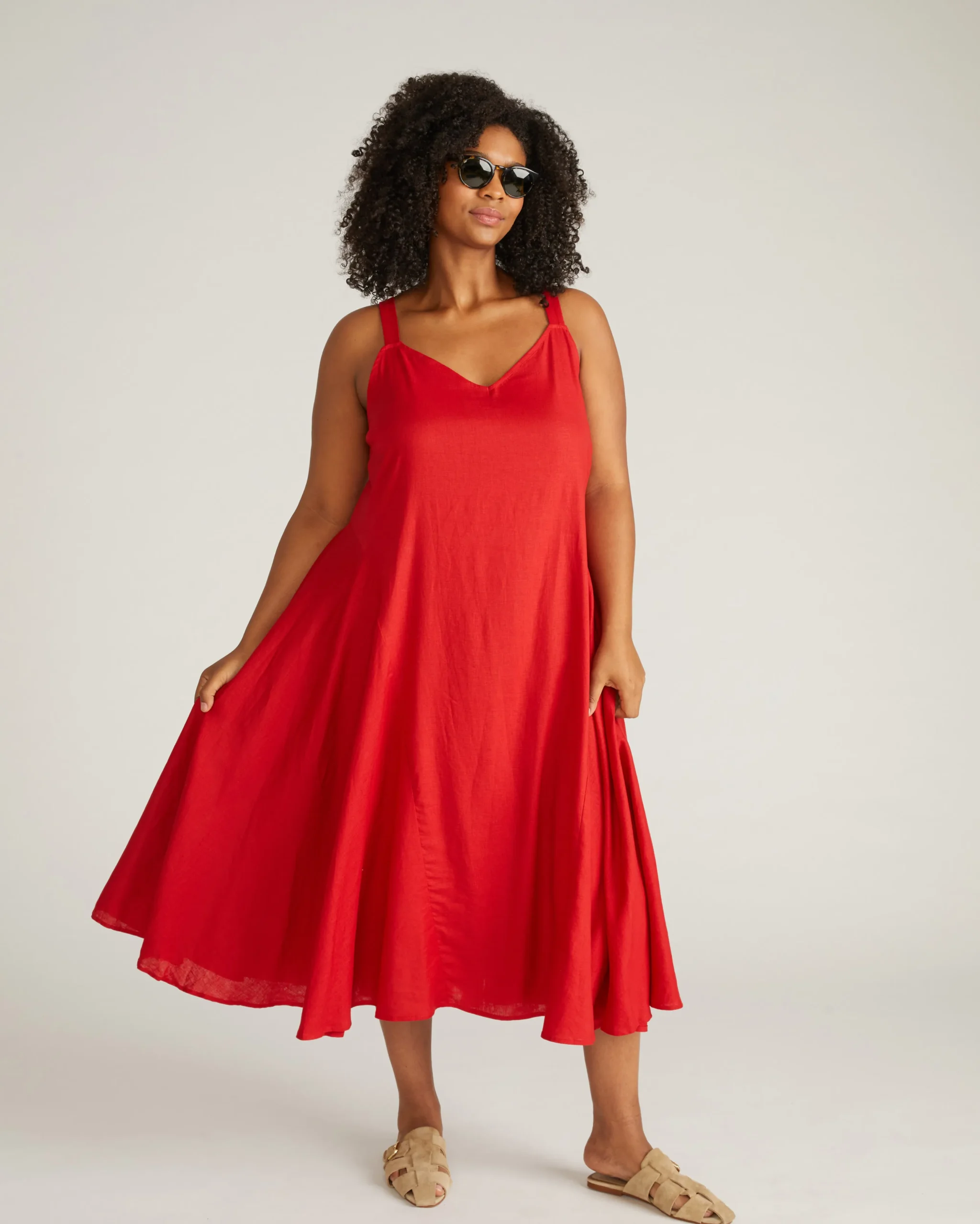 Sunshower Flowy Linen Blend Dress Ruby Red