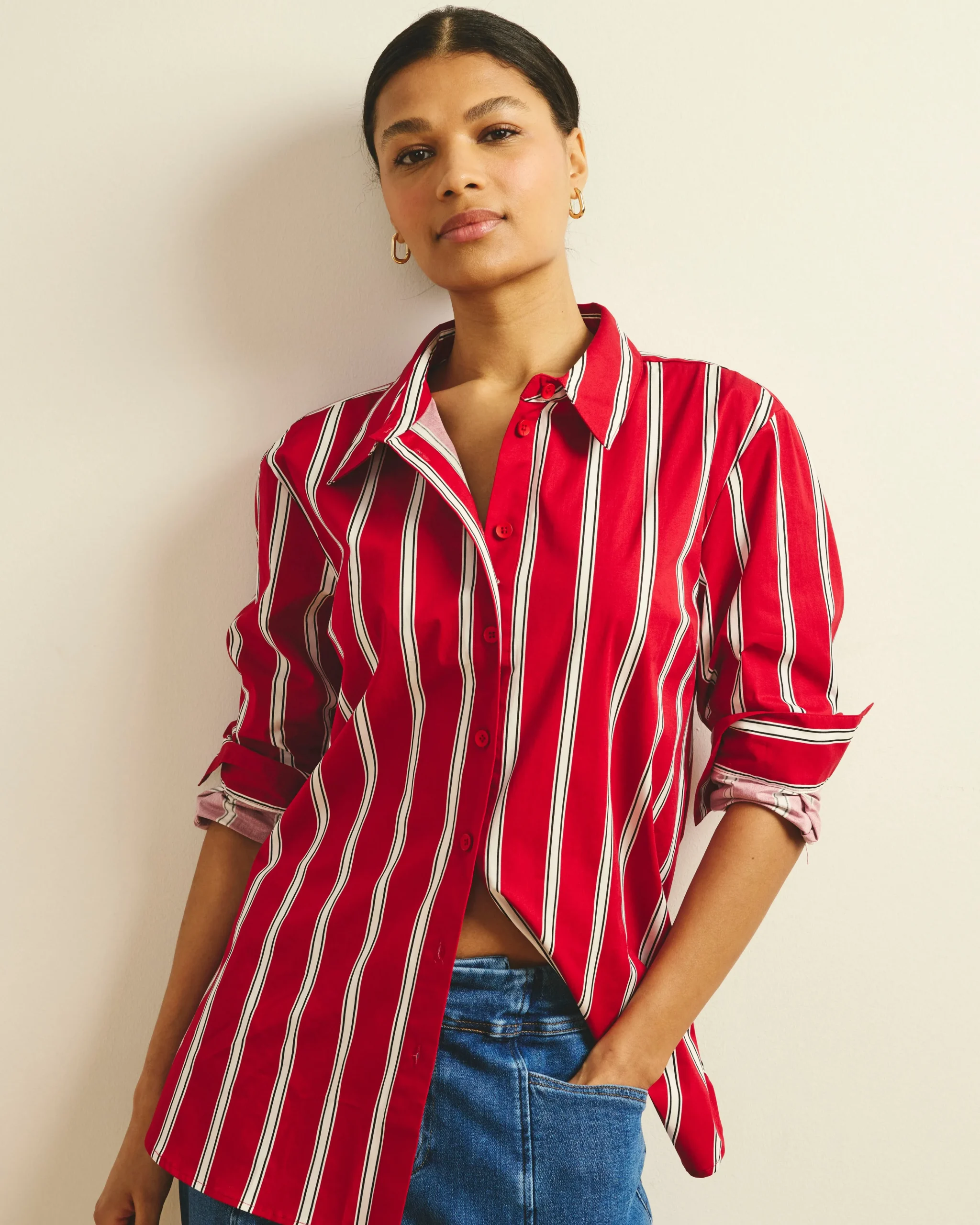 The Artist Oversized Poplin Shirt Red/Black/White Stripe