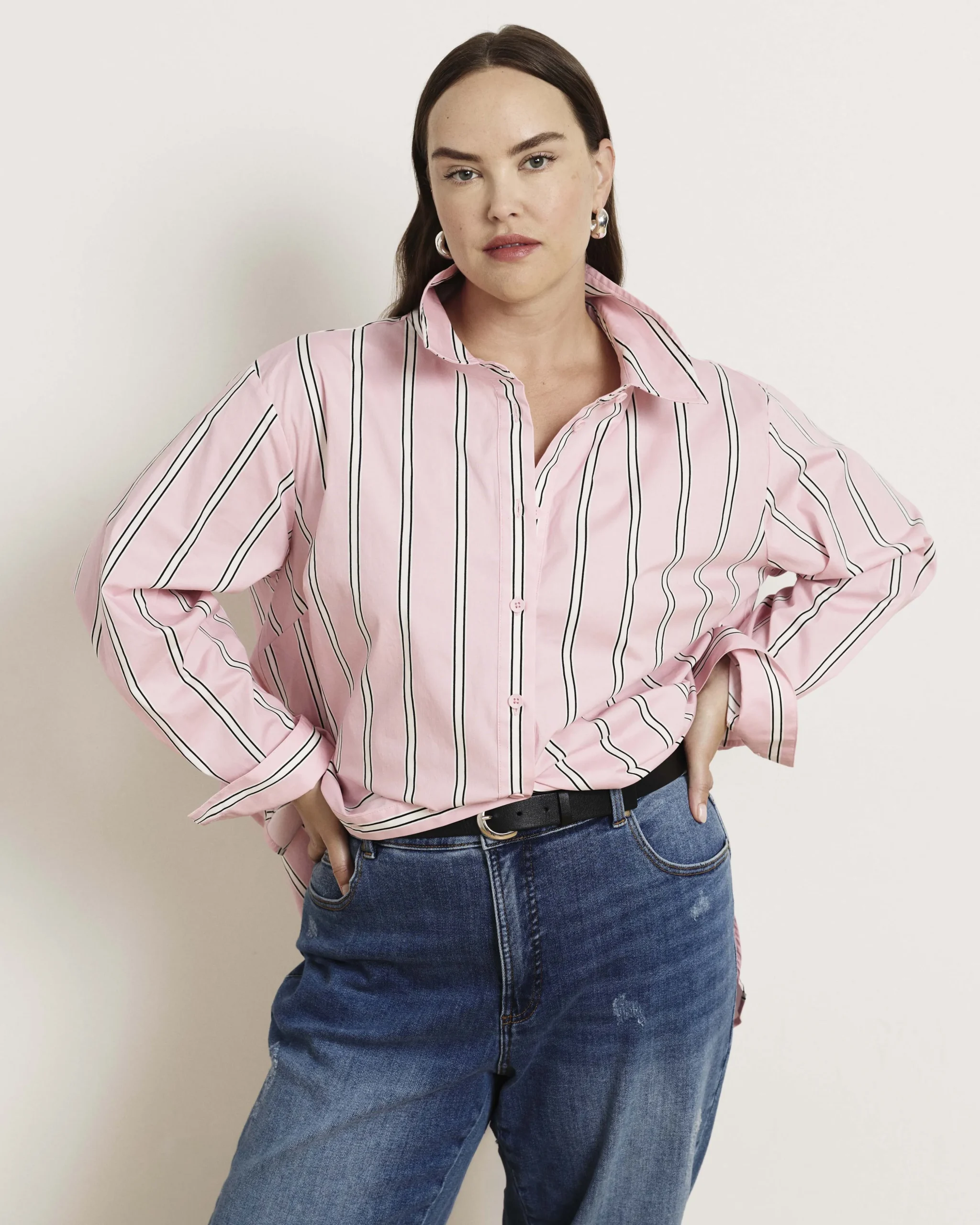 The Artist Oversized Poplin Shirt Pink Horizon Stripe