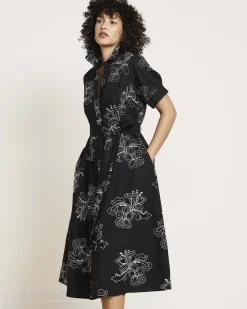 Tina Cotton Poplin Shirtdress Hibiscus Embroidery