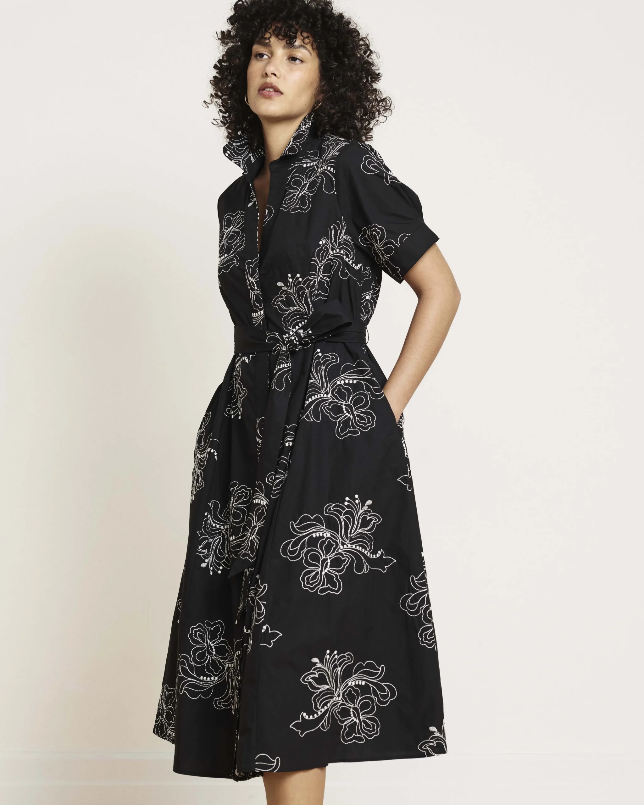 Tina Cotton Poplin Shirtdress Hibiscus Embroidery