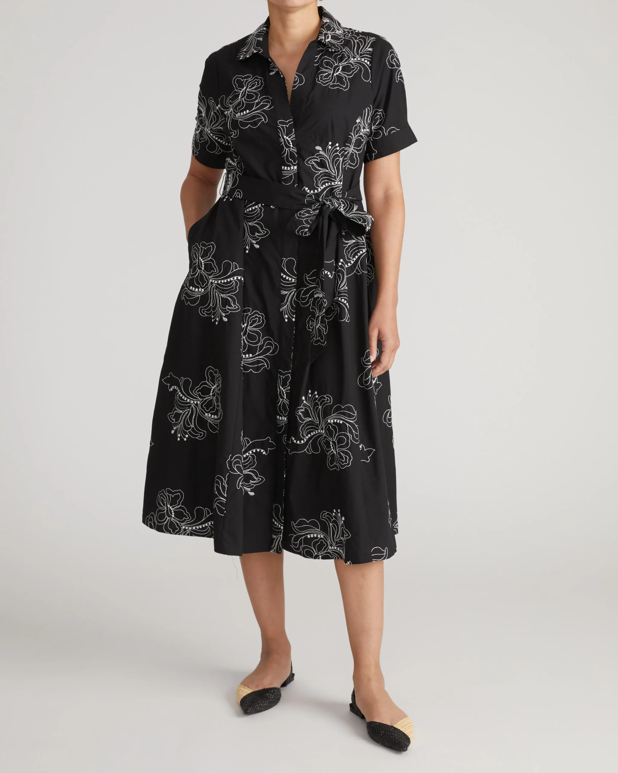 Tina Cotton Poplin Shirtdress Hibiscus Embroidery