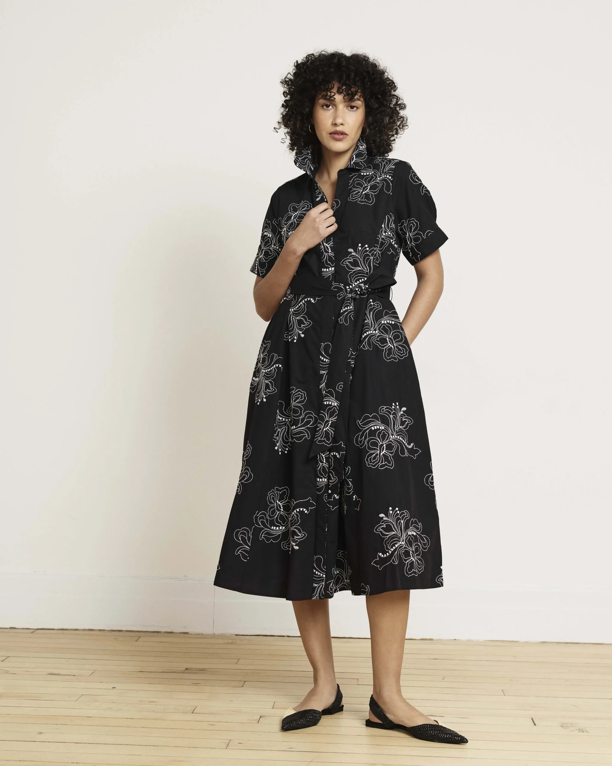 Tina Cotton Poplin Shirtdress Hibiscus Embroidery