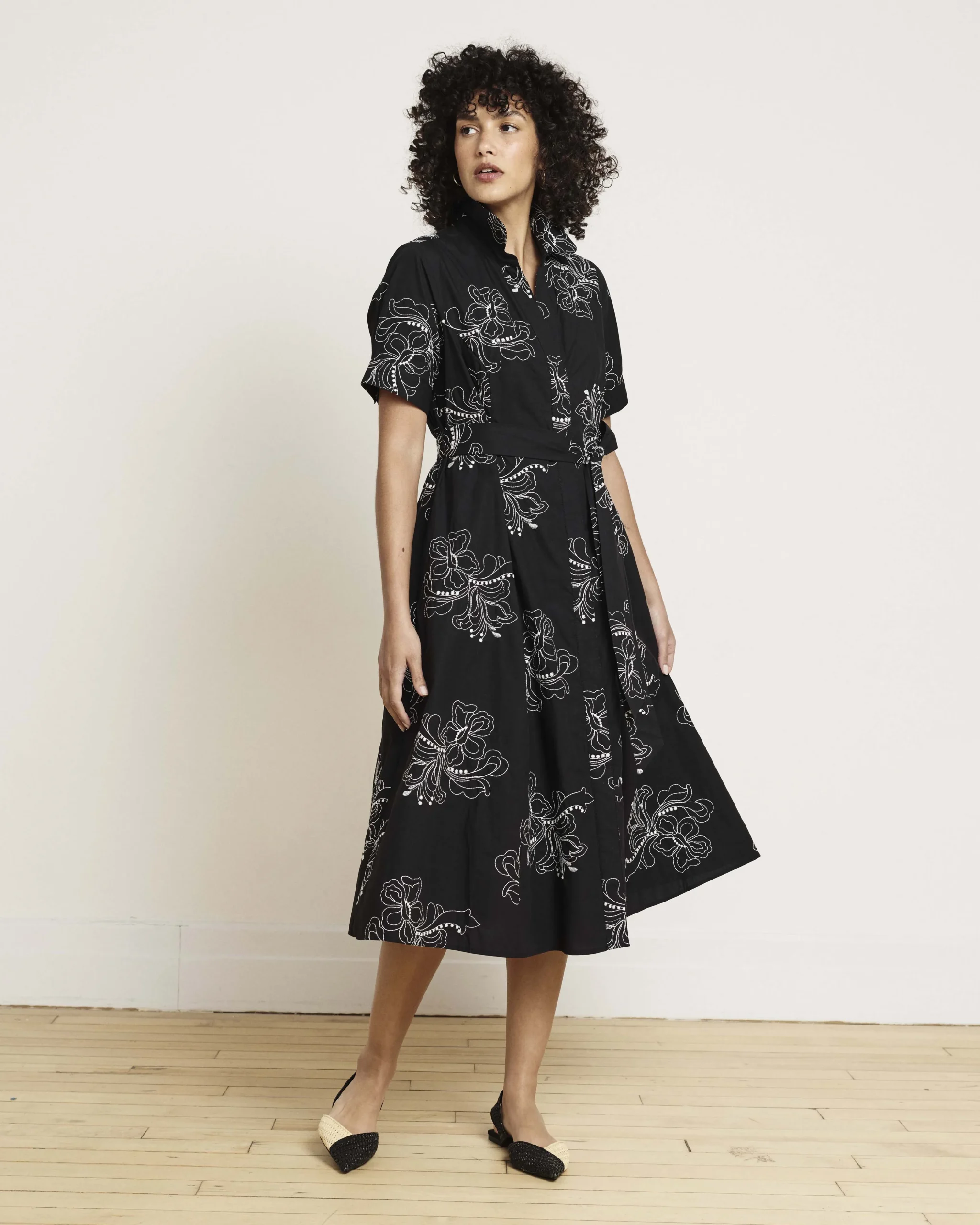 Tina Cotton Poplin Shirtdress Hibiscus Embroidery