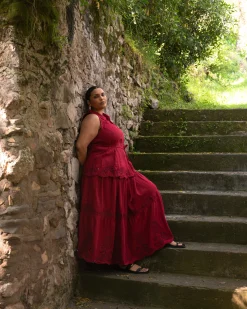 Tosca Embroidered Linen Blend Maxi Skirt Vibrant Red