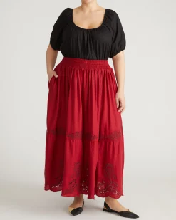 Tosca Embroidered Linen Blend Maxi Skirt Vibrant Red