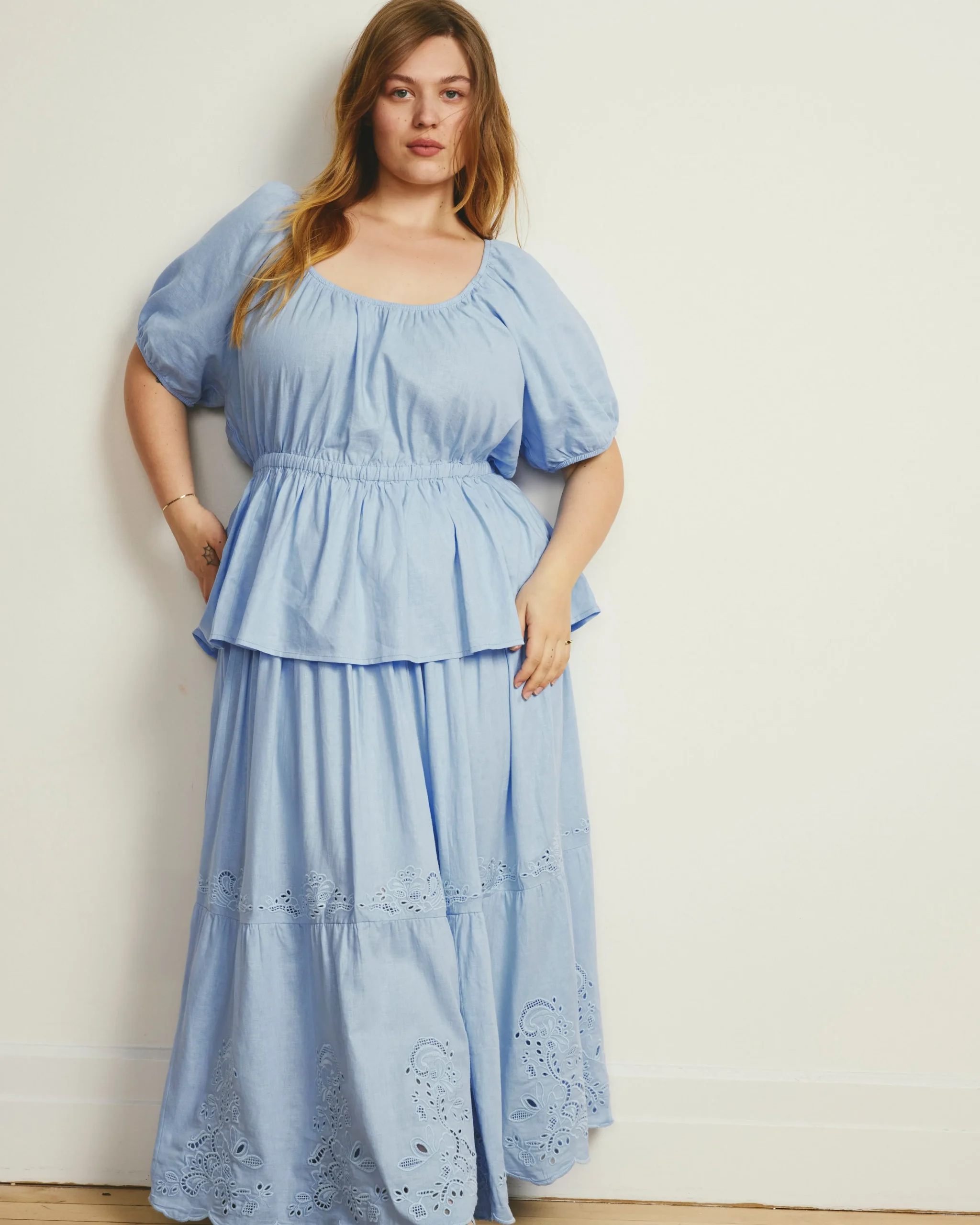 Tosca Embroidered Linen Blend Maxi Skirt Cielo Blue