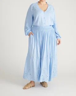 Tosca Embroidered Linen Blend Maxi Skirt Cielo Blue