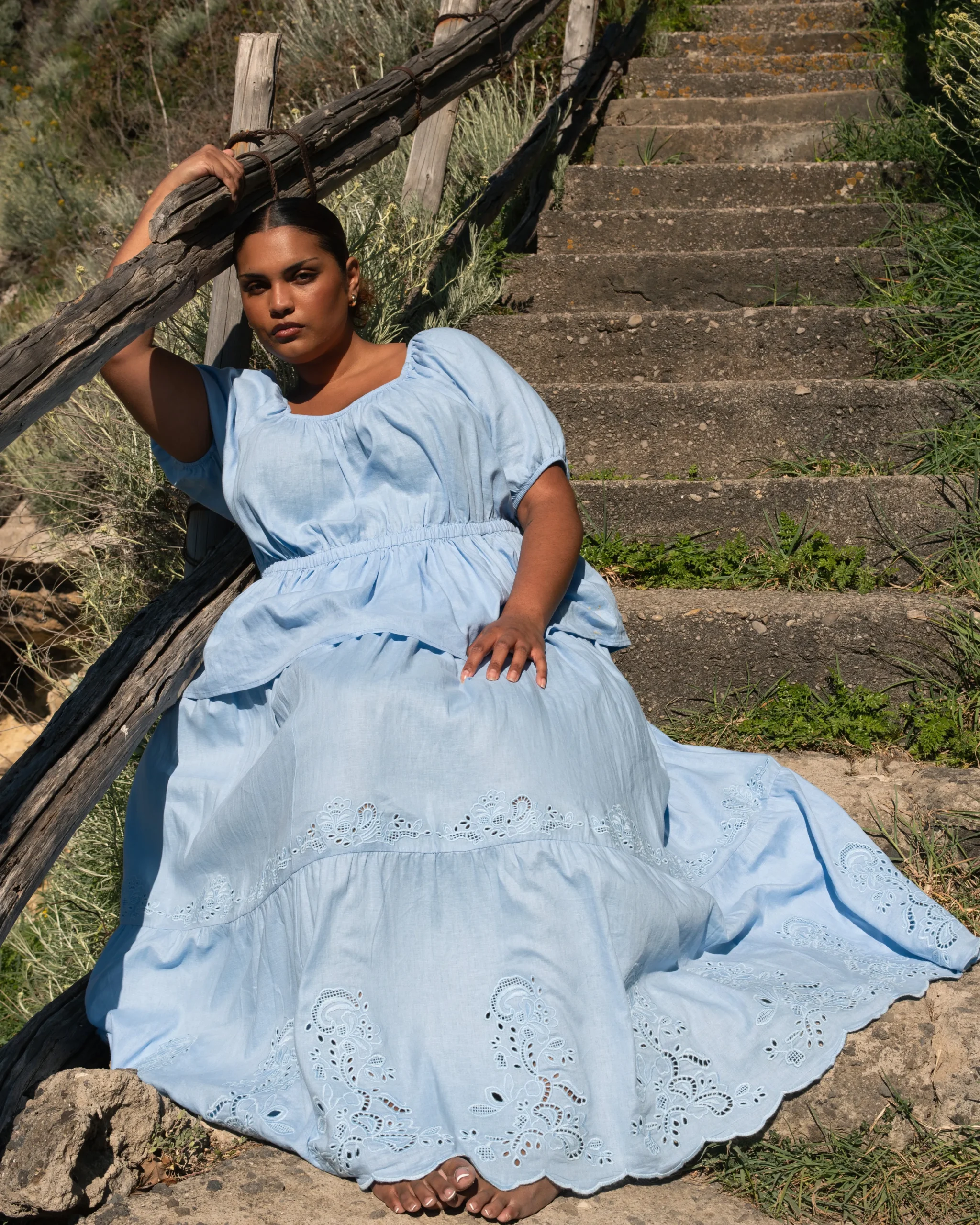 Tosca Embroidered Linen Blend Maxi Skirt Cielo Blue