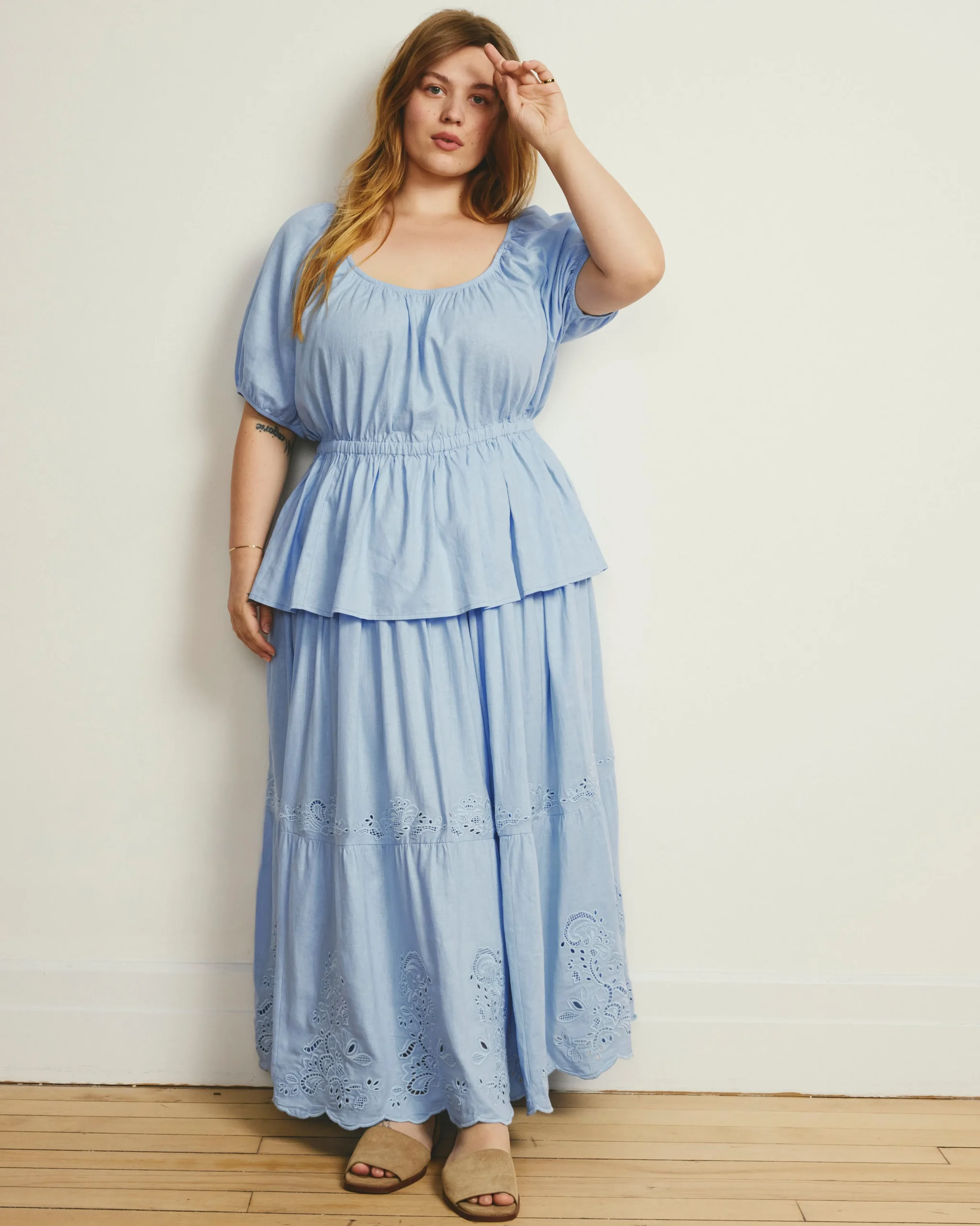 Tosca Embroidered Linen Blend Maxi Skirt Cielo Blue