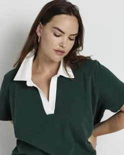 Varsity French Terry Polo Top Forest Green/White