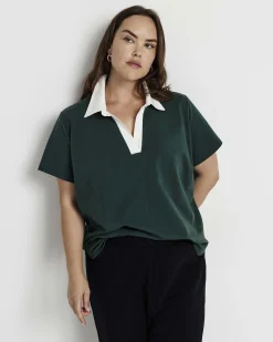 Varsity French Terry Polo Top Forest Green/White