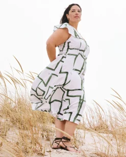 Victoria Linen Blend Dress Green Paint Print
